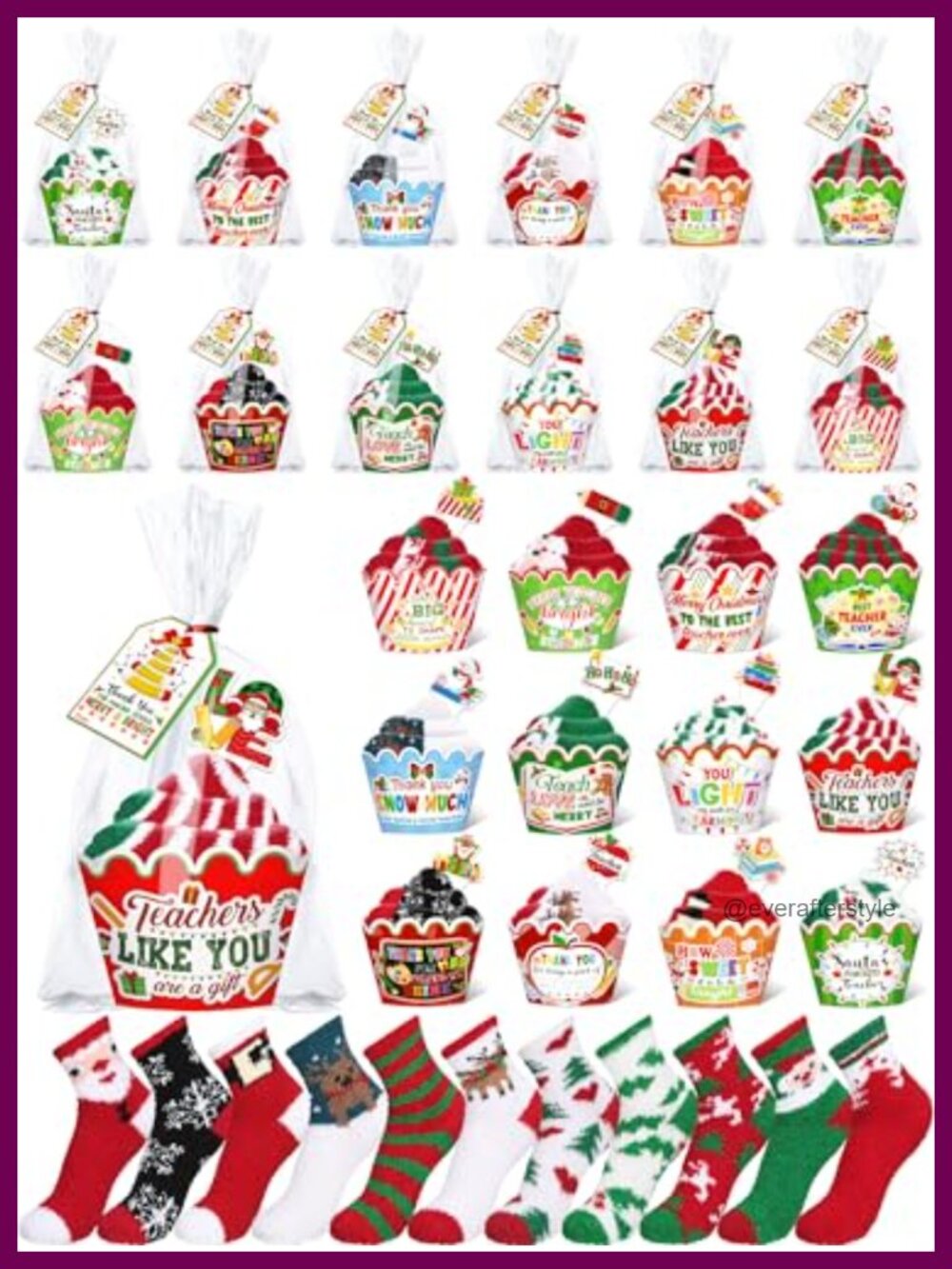 Christmas Cupcake Stocking Gift Set 12 Plush Socks Cardstock Trims Teacher Gift